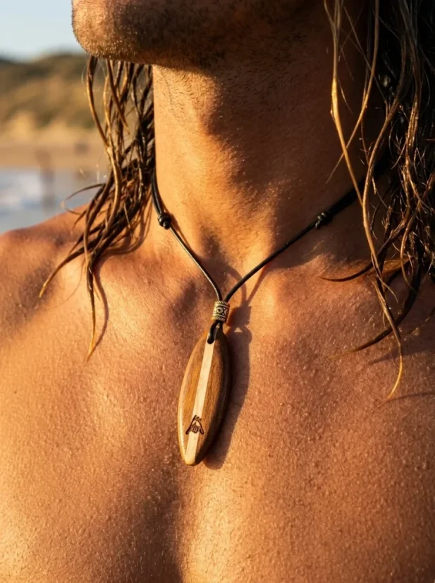 wooden surfboard necklace pendant