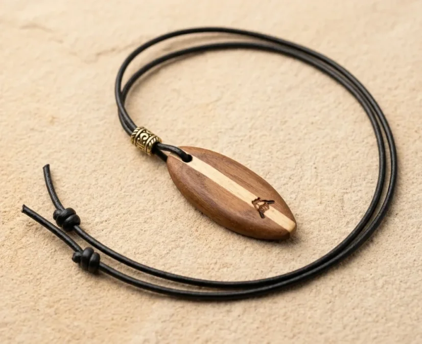 wooden surfboard necklace pendant